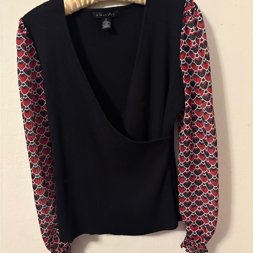 Black Top with Red Patterned Sleeves